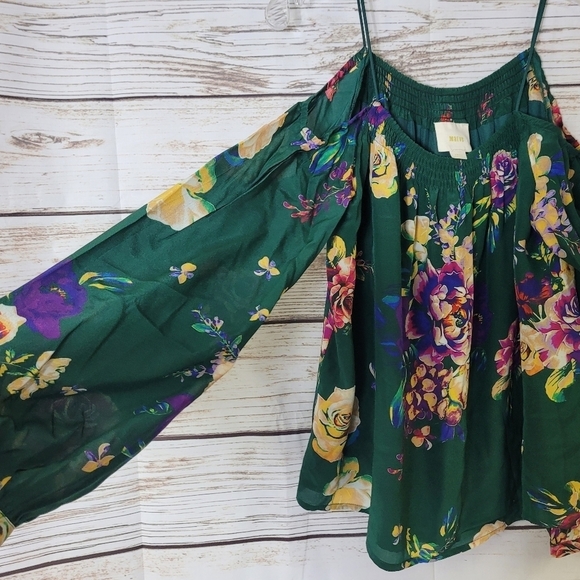 Anthropologie Maeve Tallie Green Floral Silk Open Shoulder Top Size Small - Picture 6 of 9
